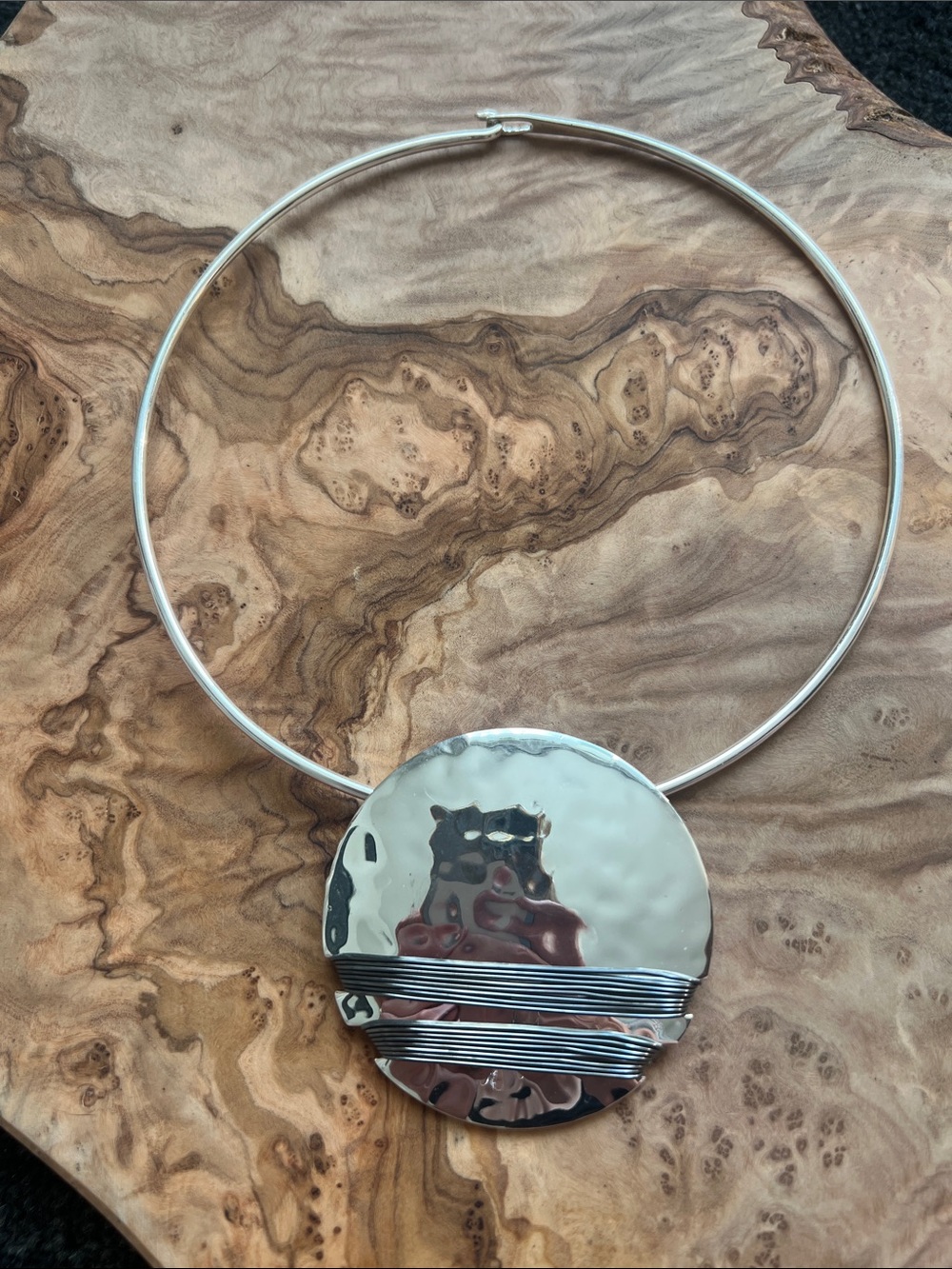 Robert Lee Morris Silver Hammered Disc Necklace with Linear Accents